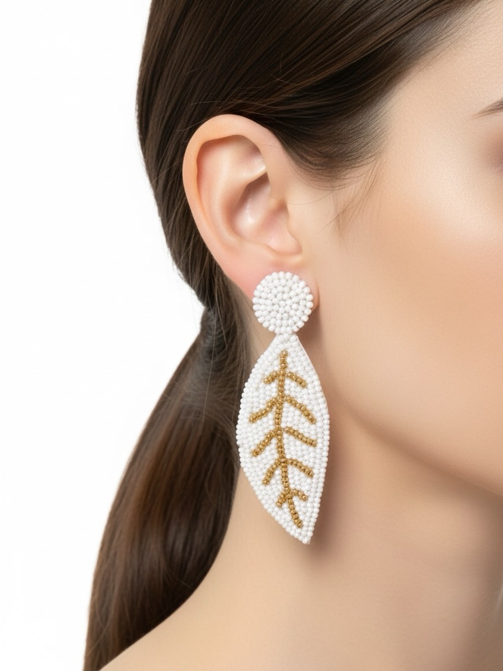 White and Gold Beaded Leaf Drop Earrings - Women Jewelry